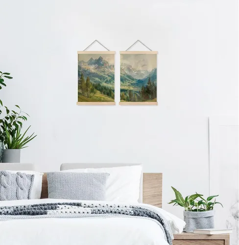 Vista 5 de bitCNY Juego de 2 lienzos de paisaje de montaña, 12 x 16 pulgadas, impresiones en lienzo vintage de bosque alpino, pósteres de pintura natural sin