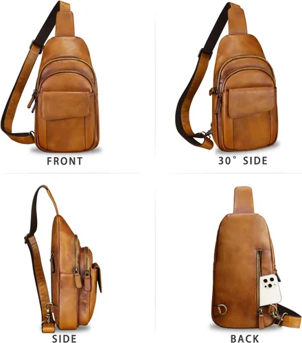 Vista 5 de LRTO Bolso de cuero genuino para hombres y mujeres retro de cuero real bandolera bandolera bandolera bolso de pecho