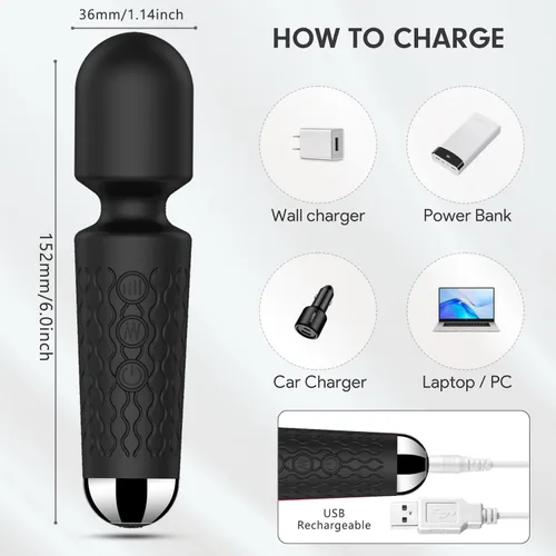 Vista 5 de Masajeador personal de espalda, masajeador de mano impermeable y recargable, 20 velocidades, 8 patrones, masaje de vibración, perfecto para Negro