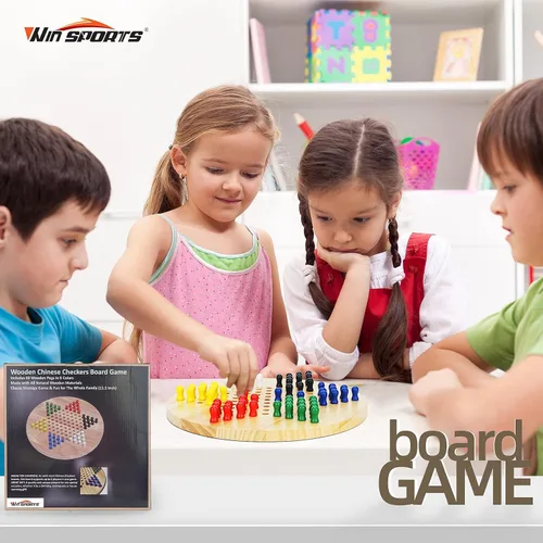 Vista 3 de Win SPORTS Tablero de damas chinas, juego de estrategia clásico y diversión para toda la familia, incluye 60 clavijas de madera en 6 colores, hechas