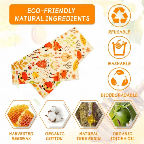 Vista 5 de Envoltura de cera de abeja reutilizable, paquete de 9, envolturas de cera de abejas ecológicas para alimentos, orgánica, sostenible, biodegradable