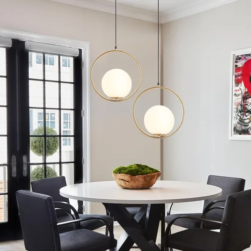 Vista 10 de KCO Moderna lámpara colgante de globo dorado con 1 luz individual de cristal blanco para isla de cocina, lámpara colgante ajustable de mediados