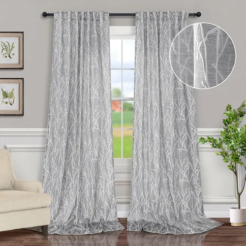 Vista 17 de Pitalk - Cortinas con patrón beige de 63 pulgadas de largo para dormitorio, 2 paneles con pestaña trasera y bolsillo, diseño de ramas de árbol
