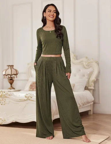 Vista 2 de Ekouaer Conjunto de descanso de 2 piezas para mujer, camiseta corta de punto acanalado, pantalones de pierna ancha con bolsillos S-XXL
