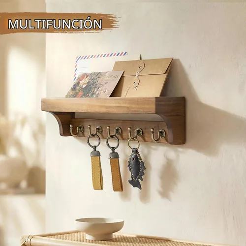 Vista 3 de Rebee Vision Soporte para llaves de 14 pulgadas - Acacia 5 Key Hooks, Cute Item Display, Retro Key Holder for Wall, Stylish Apartment Storage