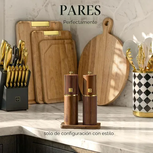 Vista 3 de Juego de molinillo de sal y pimienta de madera, molinillos manuales recargables de sal y pimienta con rebabas de cerámica ajustables, detalles