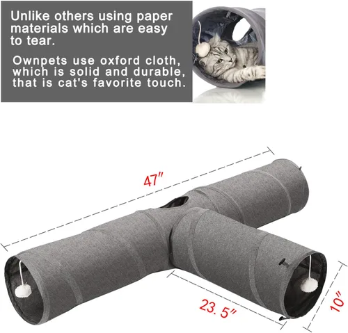 Vista 2 de Ownpets Túnel para gatos, túnel plegable de 3 vías, tubo para gatos de 47 pulgadas de largo con bola de felpa y juguete de plumas, túnel de juego