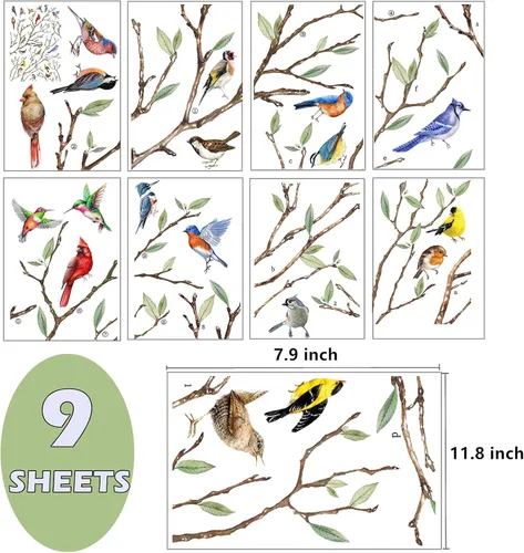 Vista 2 de Yovkky Adhesivo de 9 hojas para ventana de árbol de primavera y verano, diseño cardenal anticolisión, decoración de colibrí, pájaro azul, petirrojo