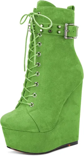 Vista 6 de HDEUOLM Botas de tobillo con tacón de plataforma de cuña alta para mujer, botines cortos con cordones y cremallera Negro