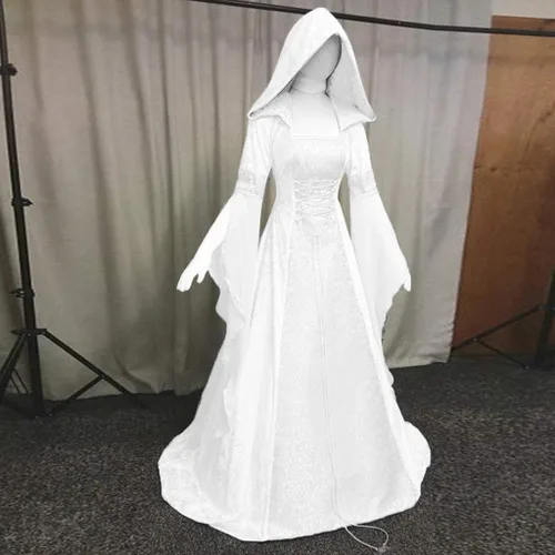 Vista 5 de ZEFOTIM Vestido renacentista para mujer, manga largamurciélago, corsés hasta el suelo con capucha, vestido gótico Cosplay L6241