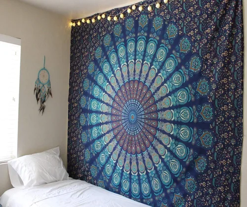 Vista 16 de raajsee - Tapiz azul y naranja con mandala - Mejor colgante de pared con mandala - Tapiz para la cama para dormitorio estético - Tamaño póster