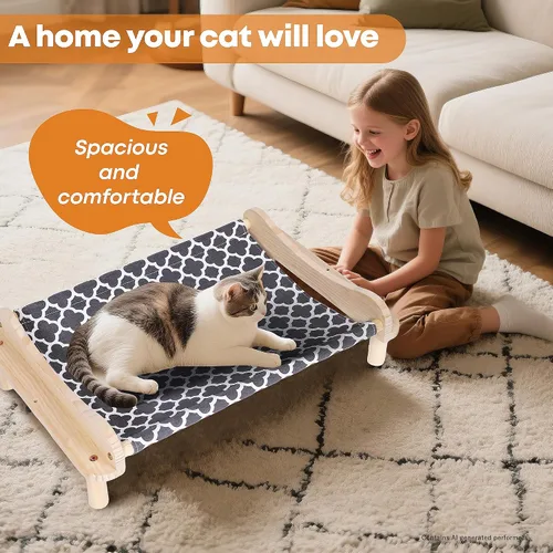 Vista 6 de Cama elevada de madera para gatos – 24 x 15.7 x 5.9 pulgadas, hamaca transpirable para mascotas para uso en interiores y exteriores, tumbona elevada
