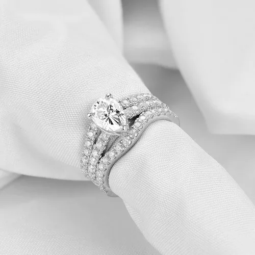 Vista 3 de DovEggs Center 2ct 6X9mm G-H-I Color Pear Shaped Moissanite Hidden Halo Engagement Ring Curved Enhancer Guard with accents 14k Gold QUALITY Silver