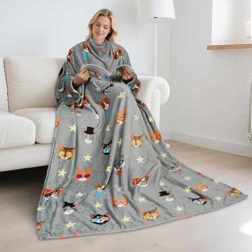 Vista 2 de Catalonia Manta con estampado de gato y perro para llevar puesta, acogedora y suave con mangas, manta larga de forro de vellón cálida y cómoda