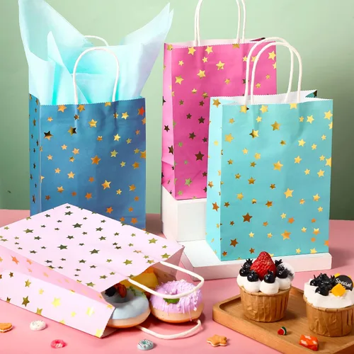 Vista 4 de Pajean Paquete de 32 bolsas de regalo de fiesta con temática de estrellas con asa, mini bolsas de regalo de papel kraft con pañuelos, suministros