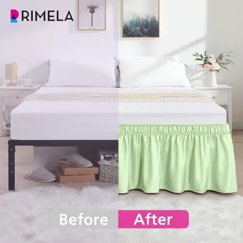 Vista 3 de Falda de cama RIMELA tamaño Queen color verde bebé con caída de 15 pulgadas, falda elástica envolvente, volante que protege contra el polvo
