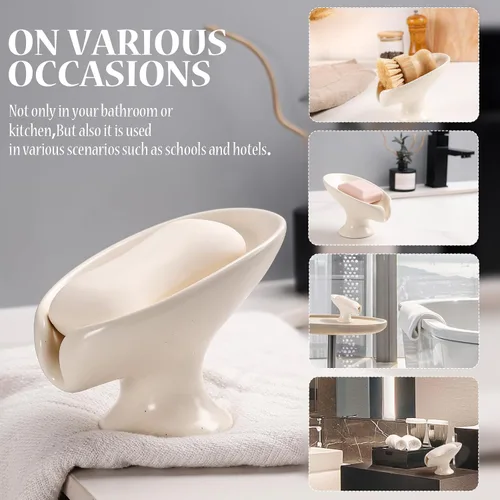Vista 7 de Jabonera, Jabonera Autodrenante para Barra de Jabón para Fregadero de Baño, Jabonera de Cerámica con Forma de Hoja y Drenaje, Jabonera de Porcelana