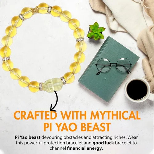 Vista 5 de Feng Shui - Pulsera de citrino del zodiaco para buena suerte y riqueza, pulsera de atracción de dinero de cristal natural con guardián Pixiu