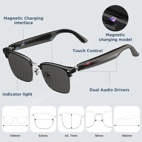 Vista 6 de Gafas de sol inteligentes con control de voz, llamadas manos libres y protección UV400, audio HD, micrófono integrado, tiempo de reproducción de 6