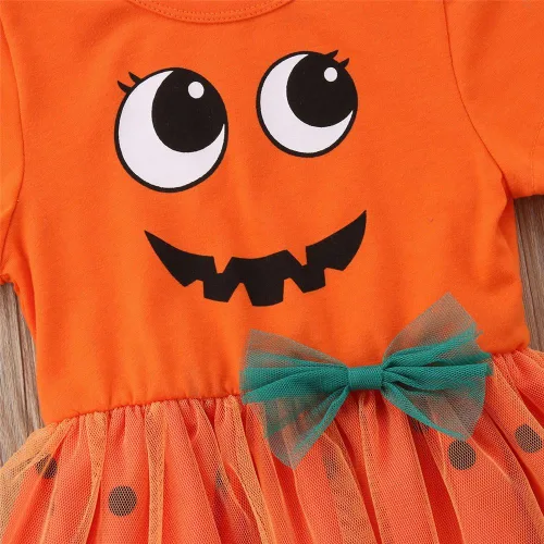 Vista 9 de Vestido de princesa de Halloween para niña, diseño de calabaza, sonrisas de calabaza, lunares, falda de tul con lazo, vestidos de fiesta