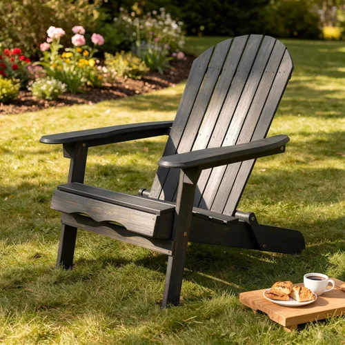 Vista 2 de Benjara Libo Outdoor Adirondack Chair- Gray Acacia Wood Frame- Slat Panels