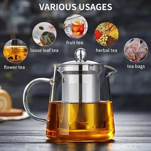 Vista 6 de Tetera de vidrio de 32.1 fl oz, hervidor de té de vidrio de borosilicato con infusor de acero inoxidable desmontable, tetera transparente para té