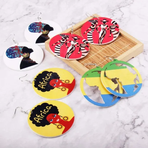 Vista 7 de BOMAIL - 20 pares de aretes de madera africana para mujer, redondos, pintados, con estilo étnico