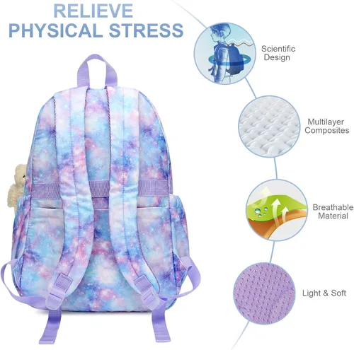 Vista 8 de Mochila ligera impermeable de ocio con patrón de cielo de estrella, bolsa escolar con diseño de flor de anacardo, azul, (Blue Starry Sky)