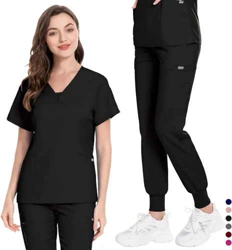 Vista 3 de niaahinn Conjunto de traje médico para mujer, moderno con cuello en V, pierna con cordón, pantalones deportivos, uniformes médicos de enfermería