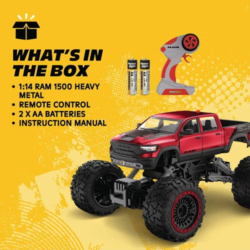 Vista 6 de Camioneta RC 4WD Heavy Metal RAM 1500 - Escala 1:14, cuerpo de metal estampado con licencia oficial, tracción total 4x4, control remoto de función