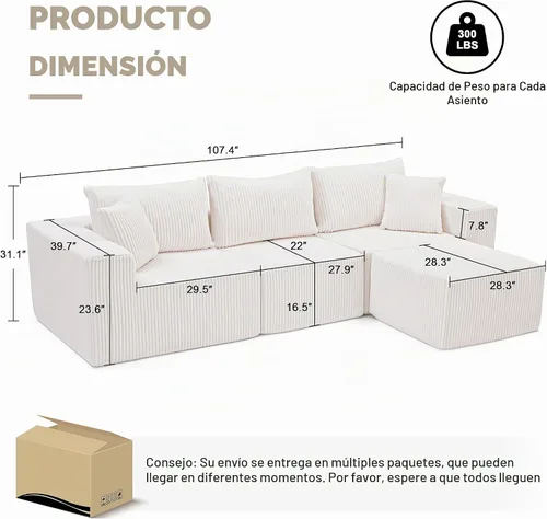 Vista 3 de Weture Sofá modular en forma de U de pana afelpada en forma de L, sofás modulares convertibles sin estructura para sala de estar, 107.4 pulgadas, 4