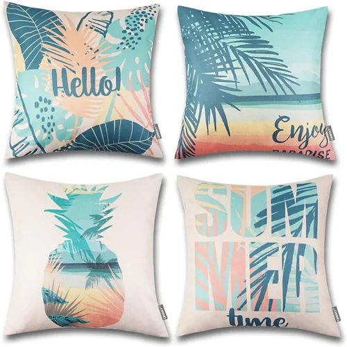 Vista 7 de ONWAY Juego de 4 fundas de almohada decorativas con temática de playa de 16 x 16 pulgadas con diseño de Hello Summer para decoración de fiesta