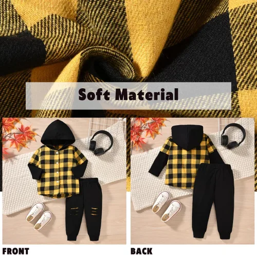 Vista 5 de Aalizzwell Conjunto de sudadera con capucha a cuadros para niños pequeños