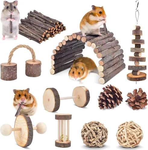 Vista 8 de ERKOON Paquete de 12 juguetes masticables de hámster, rata jerbo, conejillo de indias, chinchilla, accesorios para jaulas, mancuernas de madera