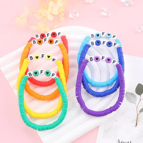 Vista 3 de Juego de pulseras Heishi Surfer de arcoíris para mujeres y niñas, pulseras apilables de arcilla con cuentas de disco, pulseras elásticas de disco