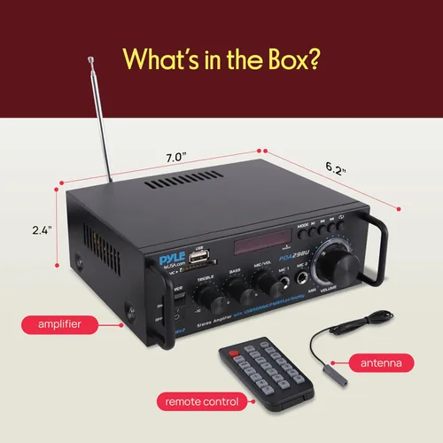 Vista 7 de Pyle Amplificador de potencia estéreo Bluetooth inalámbrico de 200 W, receptor de audio de doble canal con RCA, USB, SD, entrada de micrófono, radio