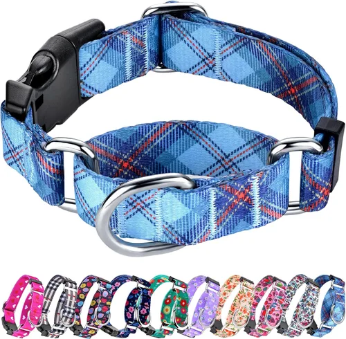 Vista 23 de Hikiko - Collar de cuadros para perros con collar ajustable de nylon Martingale con hebilla de liberación rápida (Pluma de beige, X-Pequeño)