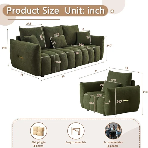 Vista 2 de Antetek Juego de 3 sofás de peluche para sala de estar, modernos sofás de asiento profundo de 2 unidades y un sofá Cloud Boucle de 3 plazas de gran