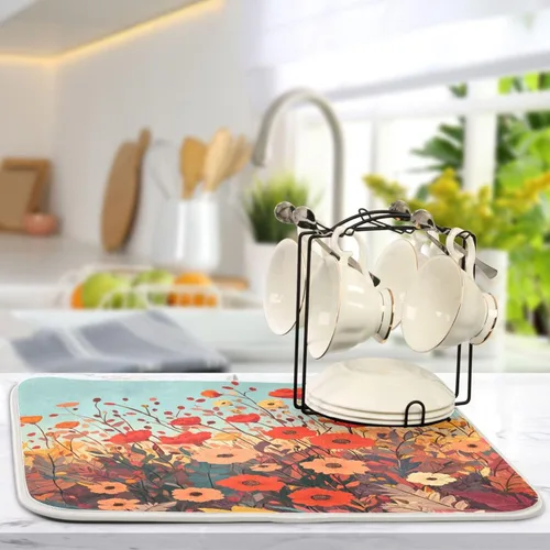 Vista 5 de Tapete de secado de platos de primavera naranja con flor de amapola para encimera de cocina, tapete escurridor absorbente de microfibra, tapete