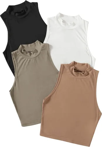 Vista 4 de SweatyRocks Camiseta sin mangas básica para mujer, 4 piezas, cuello alto, punto acanalado sólido