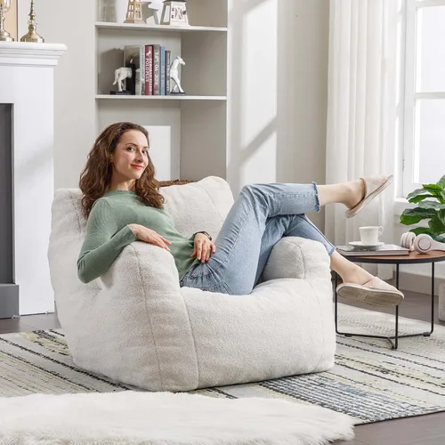 Vista 3 de Antetek Puf para adultos y niños, moderna silla decorativa de tela de peluche ultra suave para sala de estar, dormitorio, apartamento, marfil