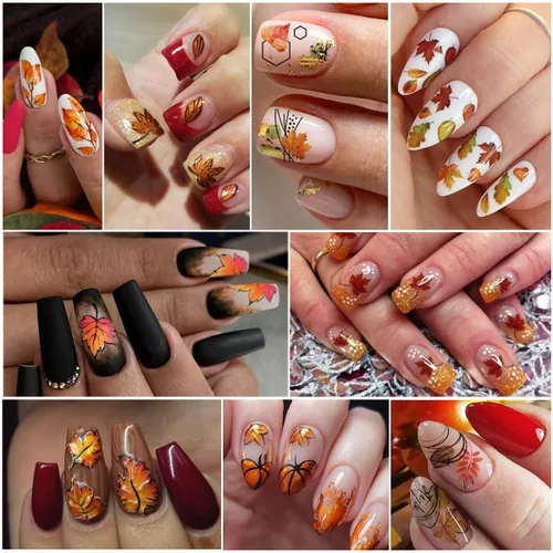 Vista 6 de 6 calcomanías de arte de uñas de otoño, calcomanías de uñas con láser 3D, calcomanías brillantes para uñas, diseño de hojas de arce doradas
