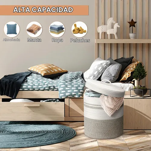 Vista 5 de Cesta de lavandería Goodheim con tapa, cesta de lavandería tejida, cesta de almacenamiento para mantas y juguetes para sala de estar, dormitorio