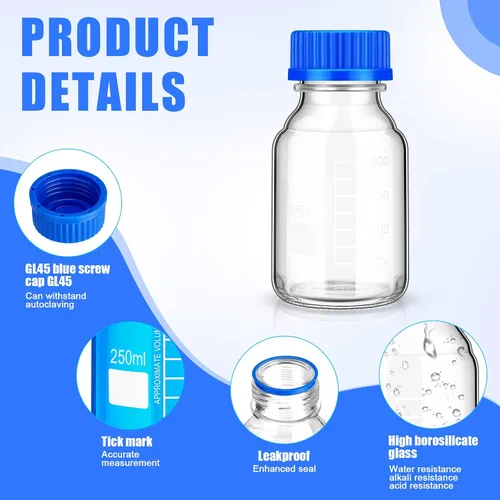 Vista 3 de Chuarry 16 botellas de vidrio para almacenamiento multimedia, 8.5 fl oz Storage Glass Bottle, Scientific Round Graduated Media Bottle, with Blue