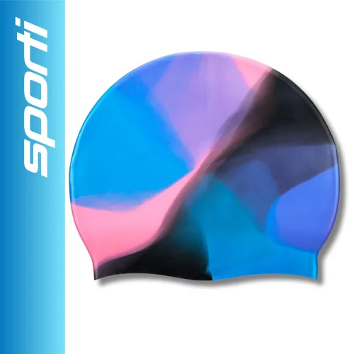 Vista 2 de Sporti Gorra de natación de silicona con diseño gráfico con altura de 7.6 pulgadas, apertura de 7.5 pulgadas, gorra de natación antideslizante