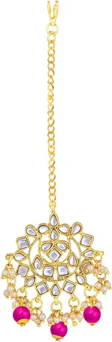 Vista 7 de Aheli Elegant Indian Faux Kundan Studded Choker Necklace with Maang Tikka Earrings Set Ethnic Wedding Festive Wear Fashion Jewelry for Women, Girls