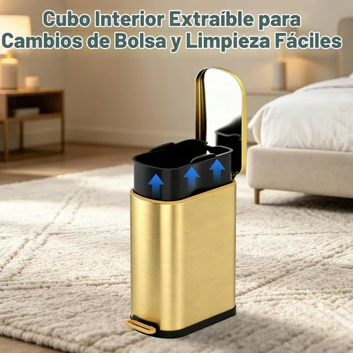 Vista 5 de SYNCVIBE Cubo de basura delgado para baño con tapa de cierre suave, de acero inoxidable, con cubo interior extraíble para dormitorio, oficina Dorado