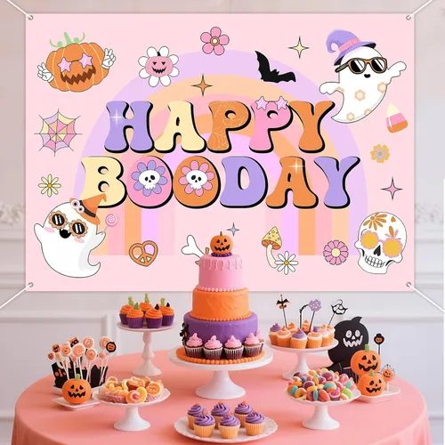 Vista 2 de Groovy - Decoración de fiesta de cumpleaños de Halloween, 7 x 5 pies, pancarta de fondo de feliz día de abucheo para niña, decoración bohemia arco