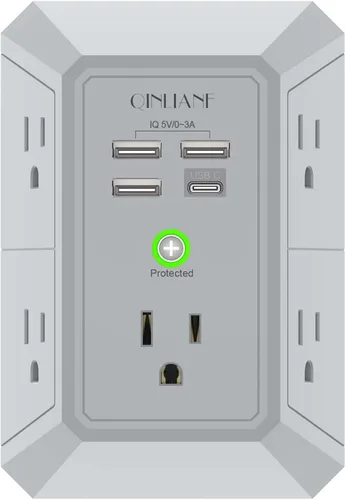 Vista 8 de QINLIANF cargador USB de pared, protector contra sobrecargas, extensor de 5 tomas con 4 puertos de carga USB (4.8 A en total), 3 lados, 1,680 J