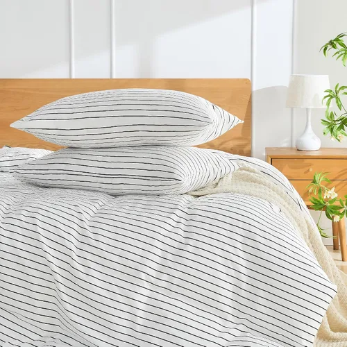 Vista 5 de JELLYMONI - Juego de 2 fundas de almohada de algodón natural 100 % a rayas, tamaño estándar, color blanco con finas rayas negras impresas